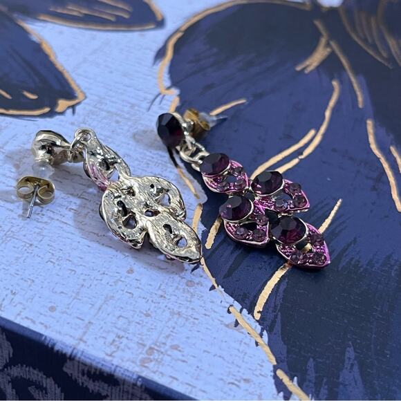 Vintage y2k 00s Elegant Pink Gold and Black Sparkling Crystal Dangle Earrings C2 - Picture 2 of 5